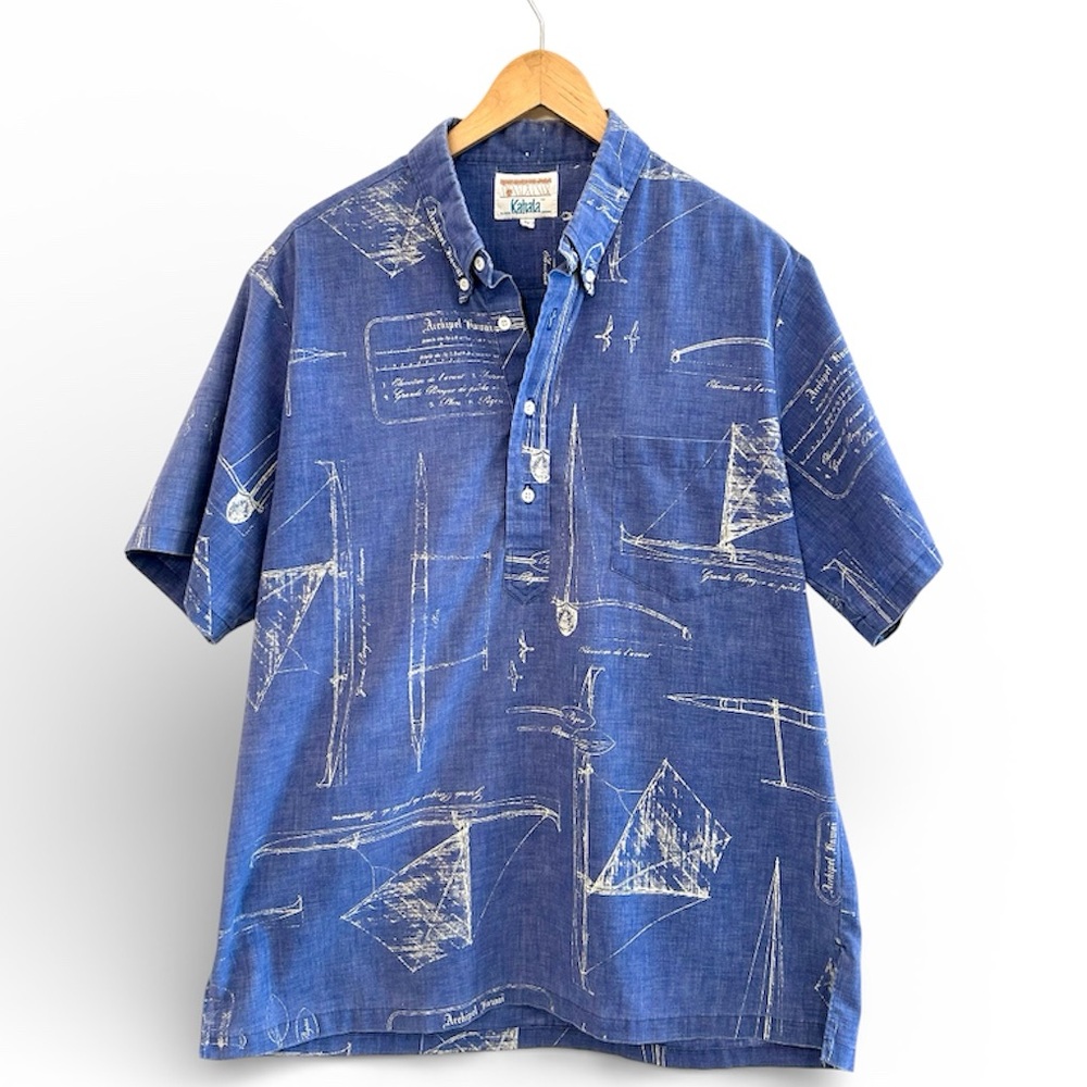 Vintage Kahala Hawaiian Blue Cotton Sailboat Shirt w/Button Front Collar Large